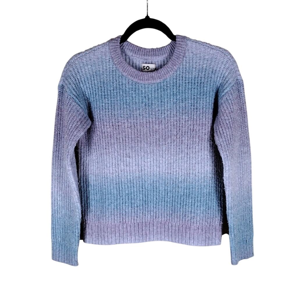 SO Sweater Girls 14-16 Blue Purple Ombre Knit Boxy Crew Neck Stretch